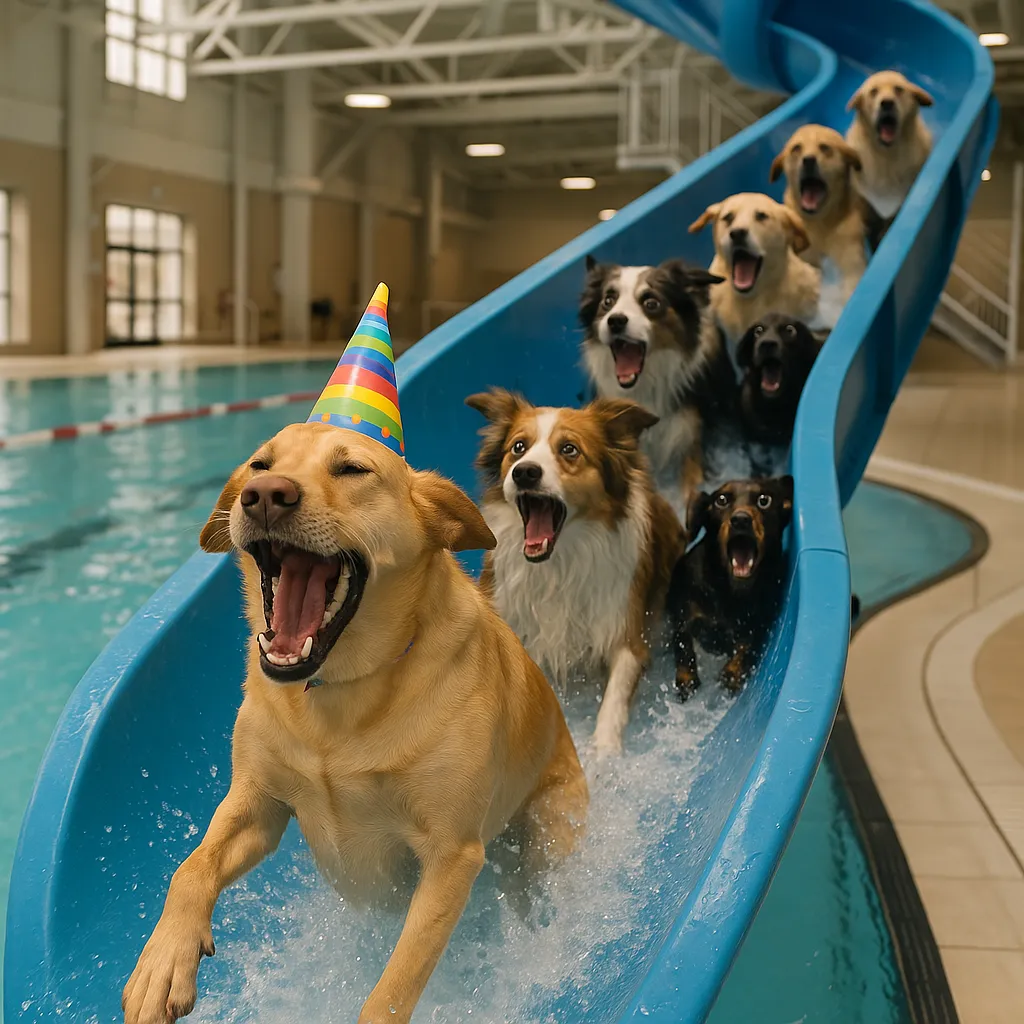 AI generated picture of dogs riding down a water slide